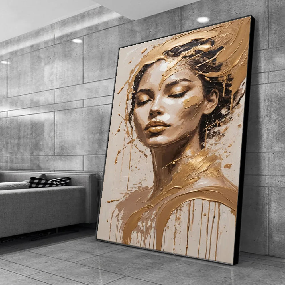 Gold Foil Fashion Woman Portrait Poster Print For Living Room Decor Asbtract Figure Floral Woman Canvas Painting Modern Wall Art