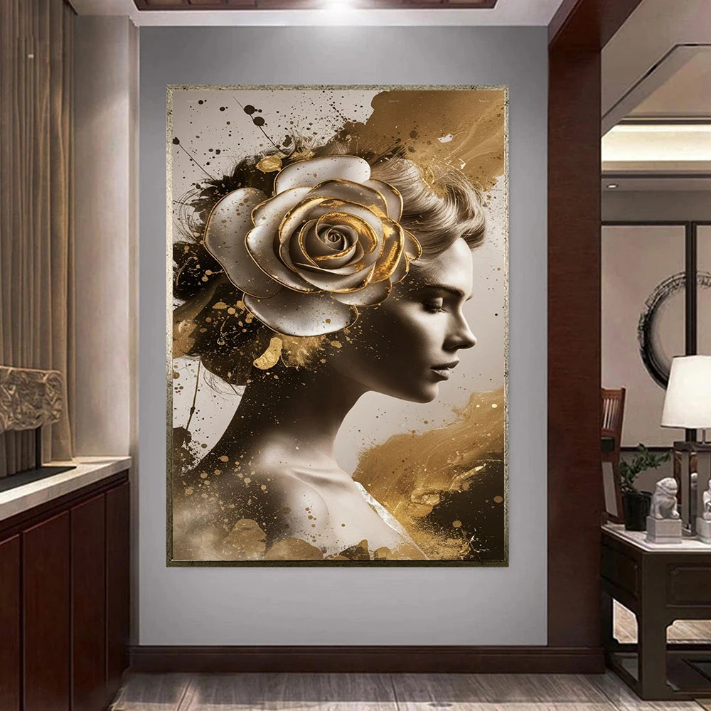Gold Foil Fashion Woman Portrait Poster Print For Living Room Decor Asbtract Figure Floral Woman Canvas Painting Modern Wall Art
