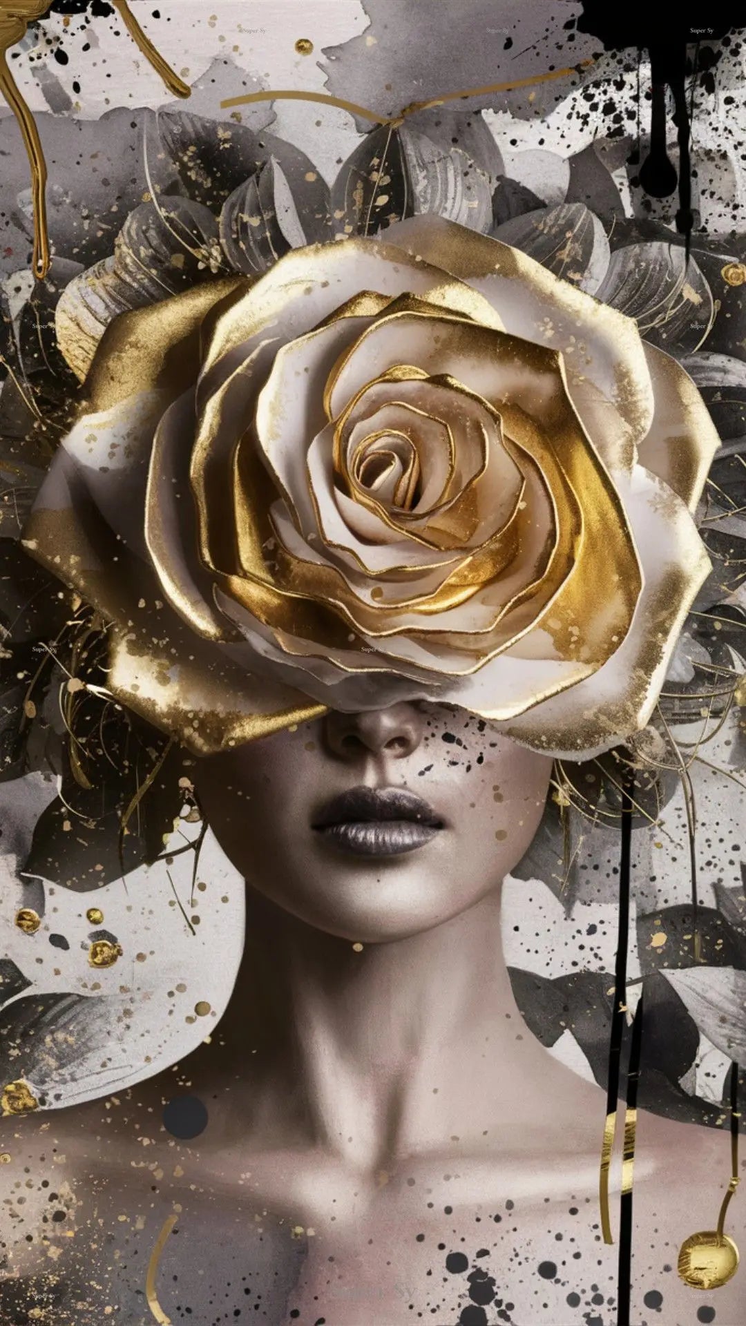 Gold Foil Fashion Woman Portrait Poster Print For Living Room Decor Asbtract Figure Floral Woman Canvas Painting Modern Wall Art
