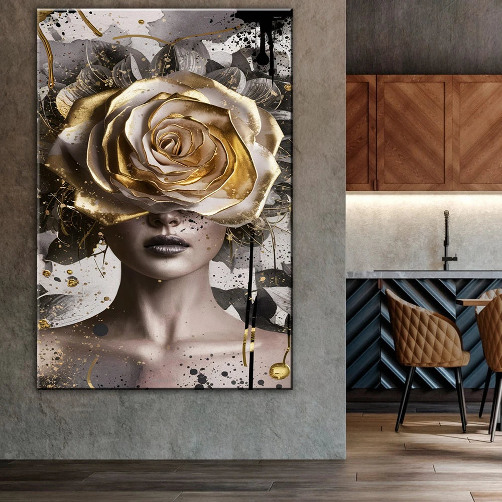 Gold Foil Fashion Woman Portrait Poster Print For Living Room Decor Asbtract Figure Floral Woman Canvas Painting Modern Wall Art