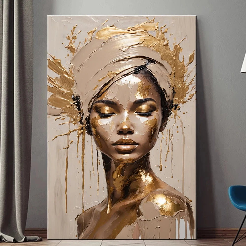 Gold Foil Fashion Woman Portrait Poster Print For Living Room Decor Asbtract Figure Floral Woman Canvas Painting Modern Wall Art