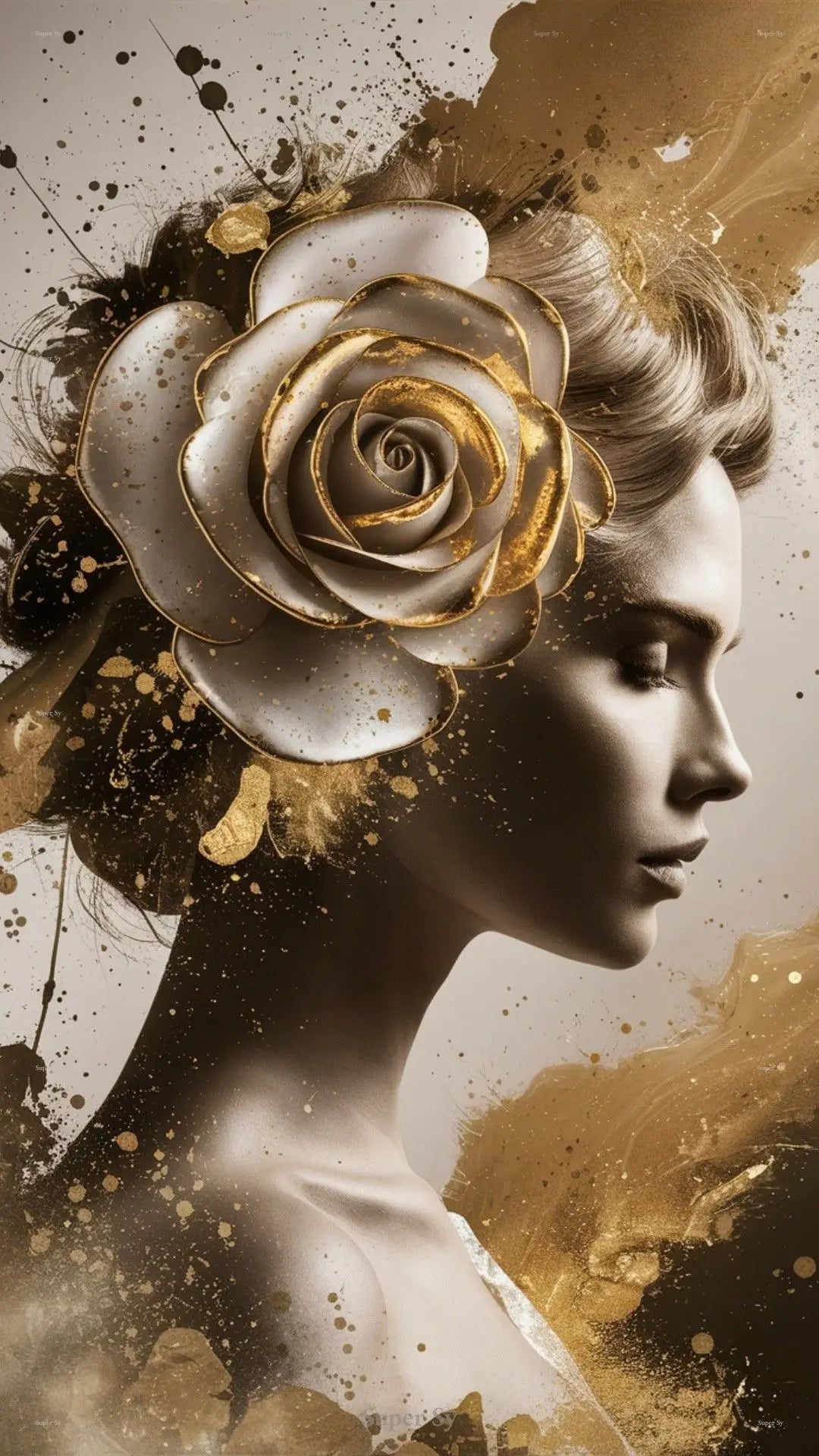 Gold Foil Fashion Woman Portrait Poster Print For Living Room Decor Asbtract Figure Floral Woman Canvas Painting Modern Wall Art