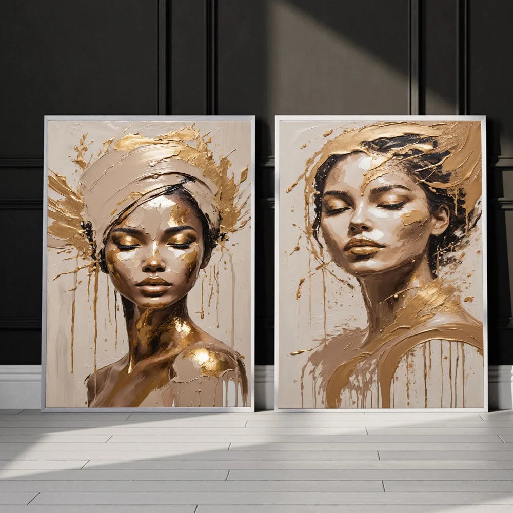 Gold Foil Fashion Woman Portrait Poster Print For Living Room Decor Asbtract Figure Floral Woman Canvas Painting Modern Wall Art