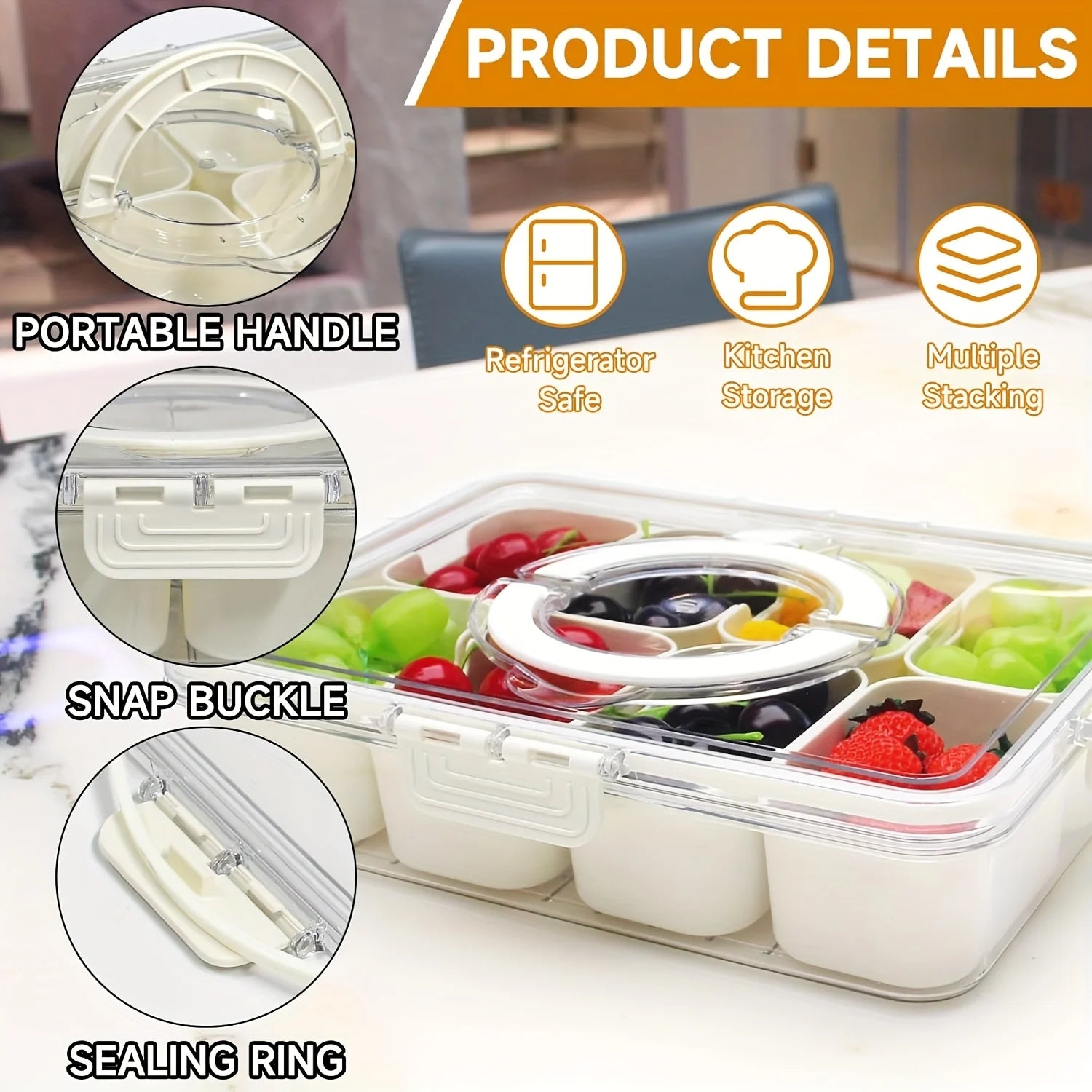 8 Grid Snack Box With Lid Portable Travel Charcuterie Board Refrigerator Food Storage Organizer Container